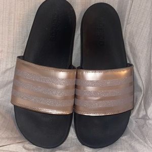 Women’s black/ rose gold Adidas Slides 9